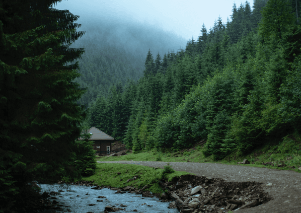 mountains-with-trees-and-house